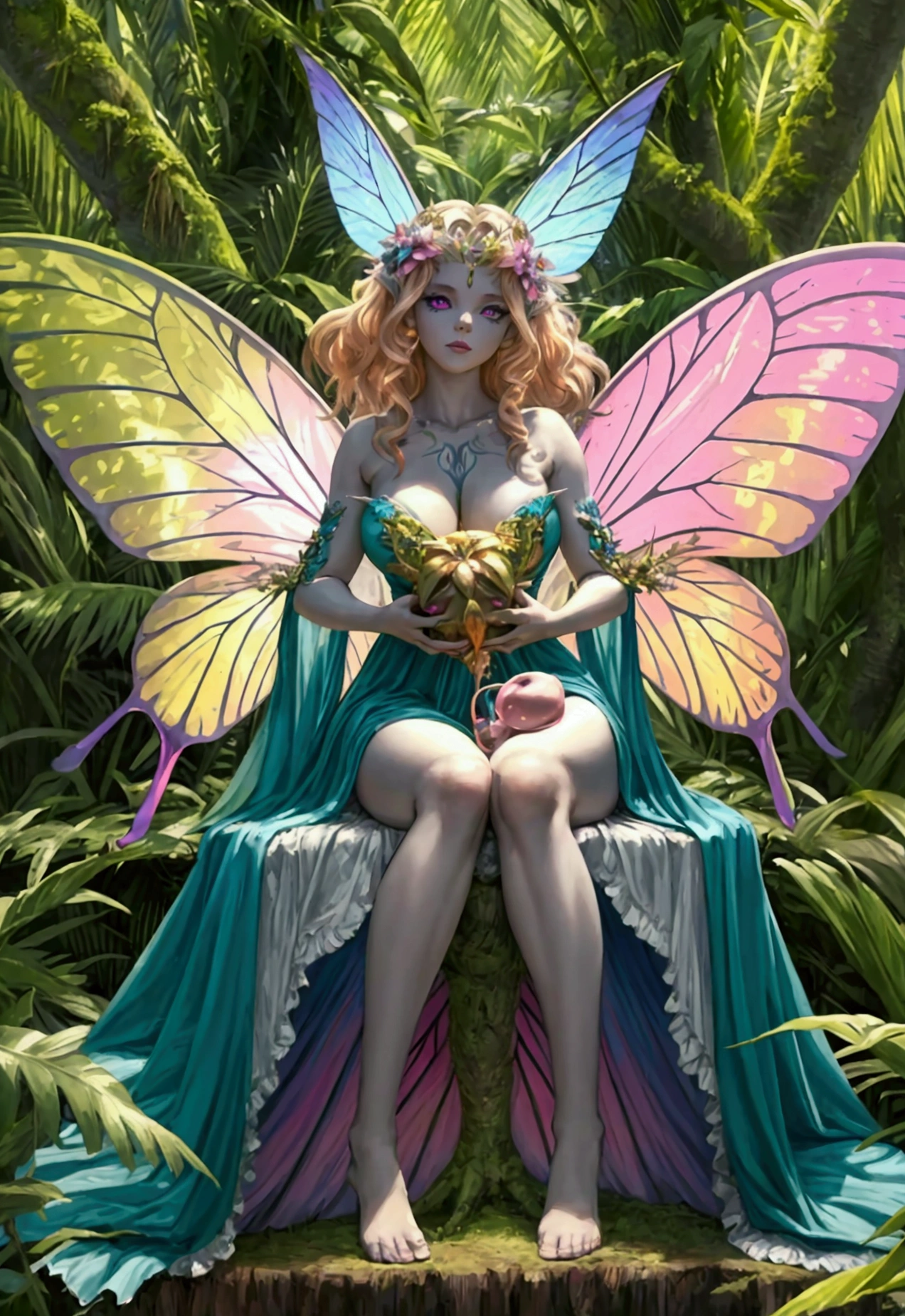 a picture of a jungle fairy, an extraordinary beautiful, elegant beauty, divine beautiful fairy, ((anatomically correct: 1.5)) spread butterfly wings, blue and purple wings, pink eyes, glowing eyes, (ultra detailed face: 1.2), best detailed face,  blond hair, rich hair, wavy hair, glamour dress, wild dress, dress decorated with jungle flowers,  sitting on massive heliconia tree the rain forest, sun rays coming through the trees, Hyperrealism style, vibrant, Ultra-high resolution, High Contrast, (masterpiece:1.5), highest quality, Best aesthetics), best details, best quality, highres, ultra wide angle, 16k, [ultra detailed], masterpiece, best quality, (extremely detailed) RAW, chumbasket art style, FairyTaleAI, fairy wings, 