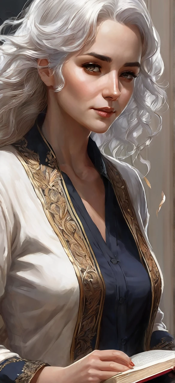 1woman, mature female, aged up, wavy long hair, white hair, hazel/brown eyes, bangs, long sleeves, finely detailed eyes and detailed face, extremely detailed, reading book happily, with the book in hands,looking at viewer, solo, upper body