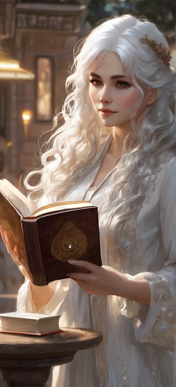 1woman, mature female, aged up, wavy long hair, white hair, hazel/brown eyes, bangs, long sleeves, finely detailed eyes and detailed face, extremely detailed, reading book happily, with the book in hands,looking at viewer, solo, upper body