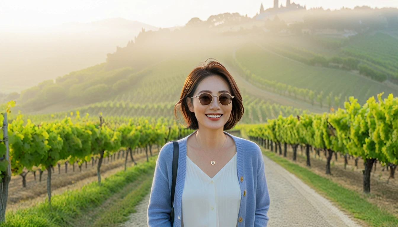 8k best picture quality, Beautiful 36-year-old Korean woman, Chest size 34 inches, Dawn in the northern Italian countryside, View of the cathedral next to the vineyards, The back background is realistic and vivid image quality, short medium hair, Wear a shirt and cardigan and casual pants, Smile slightly. the background is clear, looking up the side., street trees on the hill, small path, Looking at the vineyard covered in thick fog, I wore thick horn-rimmed sunglasses..