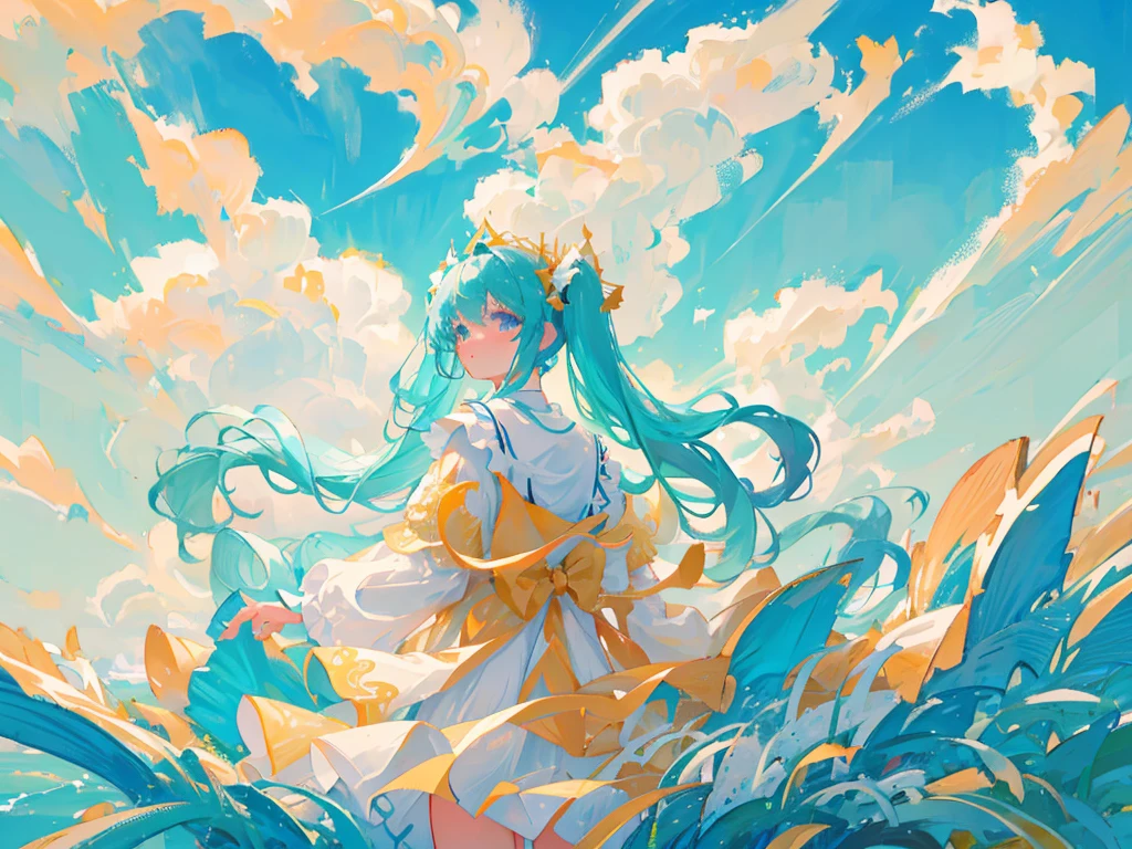 masterpiece, best quality, upper body, 1girl, looking at viewer, cyan hair, blue sky background, long twintails, white sundress, gold decorations on clothes, 8K, absurdres