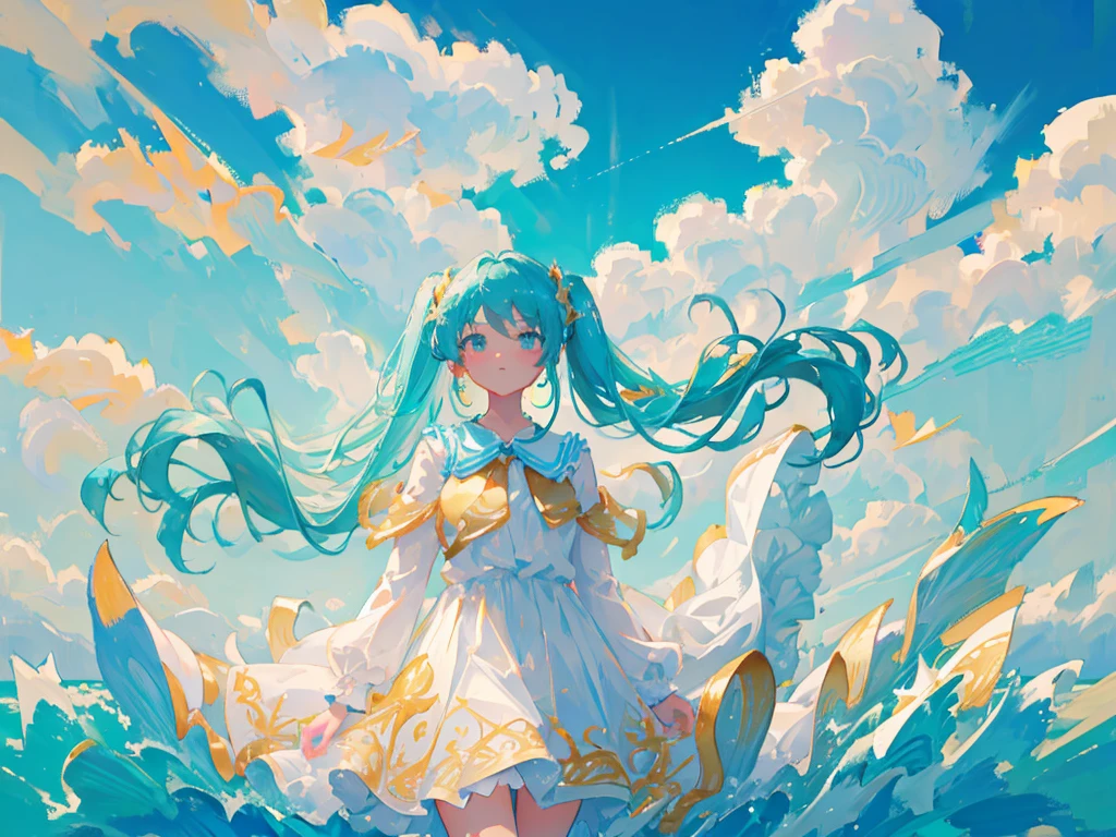 masterpiece, best quality, upper body, 1girl, looking at viewer, cyan hair, blue sky background, long twintails, white sundress, gold decorations on clothes, 8K, absurdres