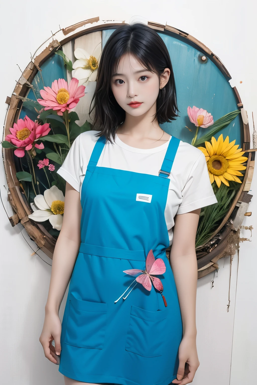 (masterpiece:1.1), (best quality:1.1), (HDR:1.0), Ambient Light, Ultra-high quality,( Super detailed original illustrations), (1 girl, One-piece apron,Half-length photo),Beautiful standing，One-piece apron ((Harajuku Fashion)), ((Flowers with human eyes, Eye disease)), Double contact, Fusion of fluid abstract art, glitch, (Original illustration composition), (Limited color mixing, Maximalism artstyle, Geometric artstyle, Butterfly, junk art)