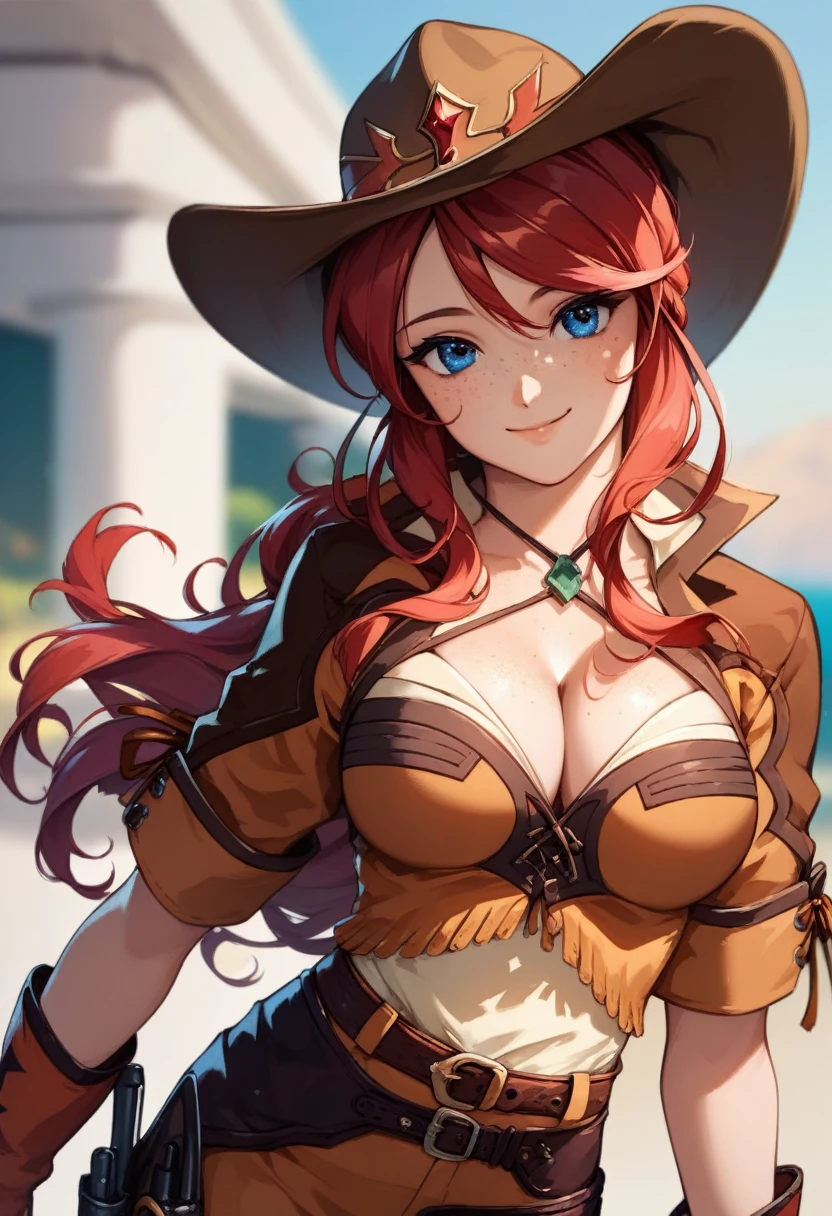 score_9, score_8_up, score_7_up, very aesthetic, source_anime, detailed, high quality, beautiful, masterpiece, detailed eyes, blurry background,
cowboy shot, upper body, smile, mouth closed,
gemini sunrise, red hair, long hair, blue eyes, freckles, sidelocks, big breasts, cleavage, facing the viewer, looking at the viewer,
belt, thigh strap, cowboy hat, cowboy boots, fringe trim, gloves, miniskirt, zPDXL