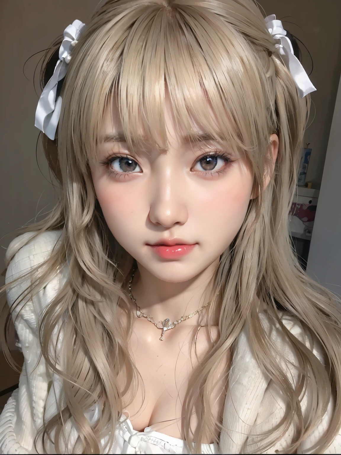 Blonde haired girl with white bow and white shirt, cute realistic portrait, 3D realistic animation style, Guweiz style work, 3 d anime realistic, realistic anime, hyper realistic anime, Realistic anime art style, animation realism style, Realistic anime art style, realistic young anime girl, 🤤 girl portrait, semi-realistic animation, beautiful natural anime face