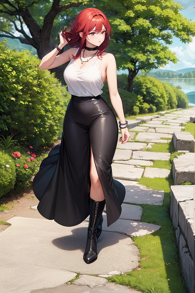 ((masterpiece, best quality)), 1girl, beautiful woman walking on stone path, wearing white tank top and black maxi skirt, necklace, bracelet, black boots, full body, red hair, tree, leaves, summer, stone wall, lake, ruins, rocks
