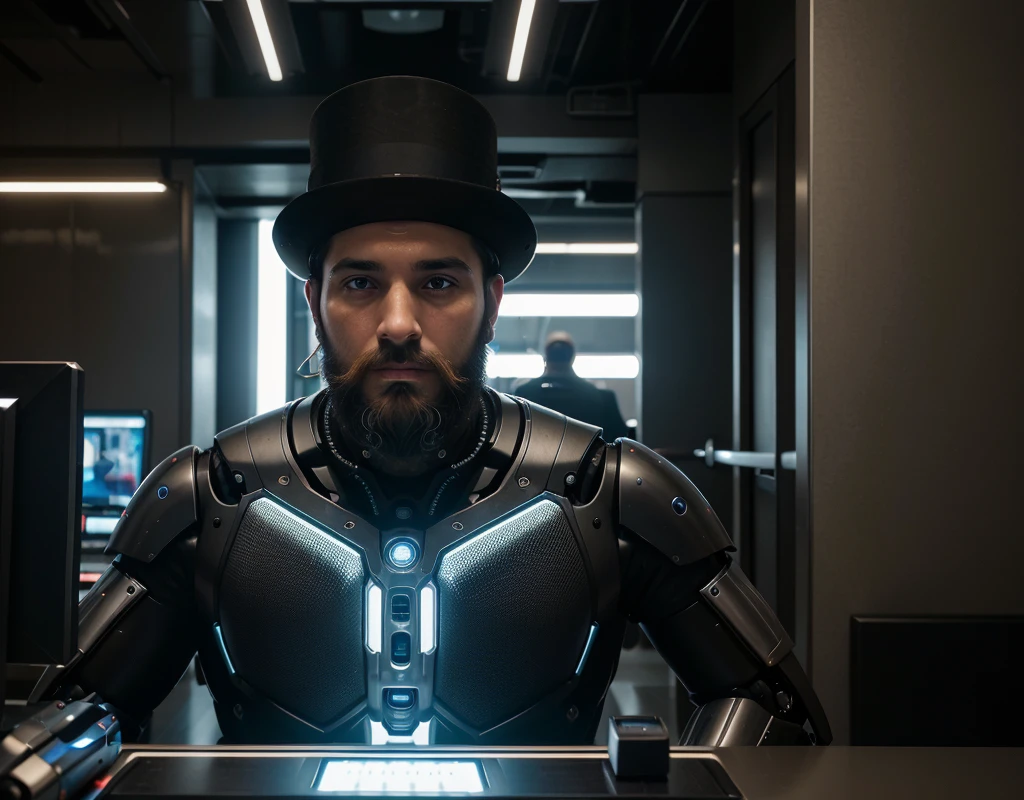 A Symbiosis of Man and Machine”

In a luxurious office, an ultra-Orthodox Jewish man with an impressive beard observes a remarkable sight. A human-shaped robot, its body a seamless blend of molded plastic, wires, and iron, sits before a computer screen, its mechanical fingers effortlessly creating an amazing work of art. The man, with a look of pleasure and satisfaction, reaches for a half-filled coffee cup, his gaze fixed on the robotic muse before him.

The juxtaposition of the traditional religious figure and the futuristic, artificial creation evokes a sense of wonder and contemplation. The robot, tired yet driven, yawns from the exertion of its digital artistry, a testament to the symbiosis between man and machine. The image presents a captivating and realistic optical sensation, inviting the viewer to ponder the boundaries between human creativity and technological innovation.