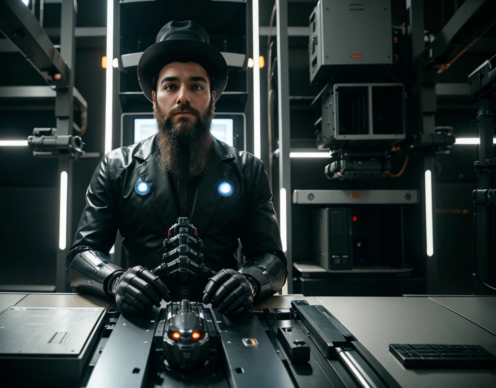 A Symbiosis of Man and Machine”
In a luxurious office, an ultra-Orthodox Jewish man with an impressive beard observes a remarkable sight. A human-shaped robot, its body a seamless blend of molded plastic, wires, and iron, sits before a computer screen, its mechanical fingers effortlessly creating an amazing work of art. The man, with a look of pleasure and satisfaction, reaches for a half-filled coffee cup, his gaze fixed on the robotic muse before him.
The juxtaposition of the traditional religious figure and the futuristic, artificial creation evokes a sense of wonder and contemplation. The robot, tired yet driven, yawns from the exertion of its digital artistry, a testament to the symbiosis between man and machine. The image presents a captivating and realistic optical sensation, inviting the viewer to ponder the boundaries between human creativity and technological innovation.