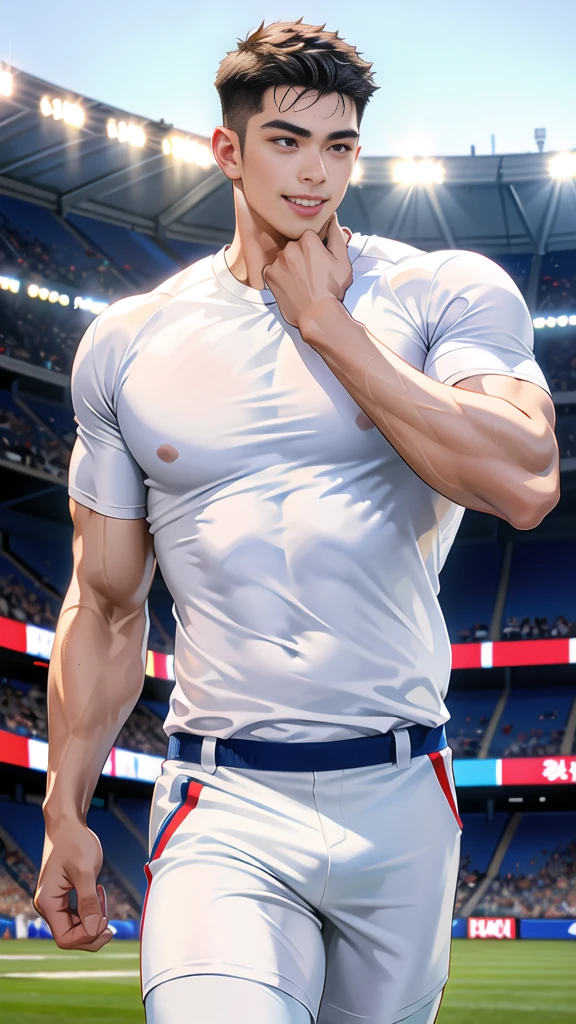 1 man, smile, (wearing white clothes, round neck, short sleeve football shirt.), Navy cargo pants, Korean guy , korean men, (High gloss details), chest muscles, Big arm muscles, blood vessel, big muscles, Broad shoulders, looking at the audience, Balancing the eyes, (Make eye contact), sports stadium, football
