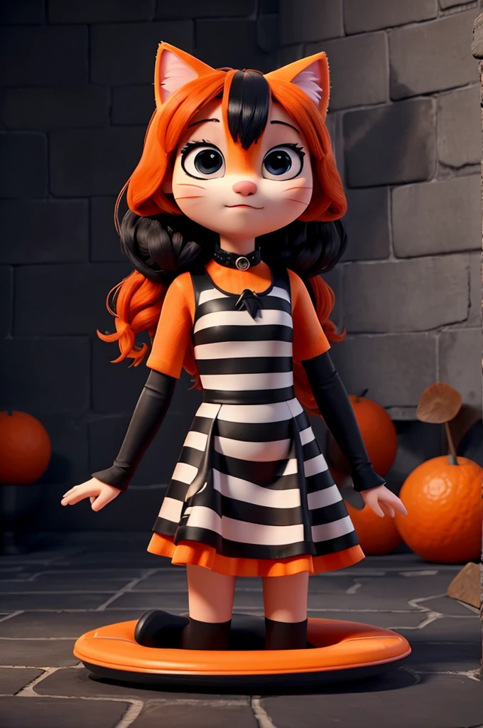 An orange pop singer feline with black stripes singing a sad song in her black dress 