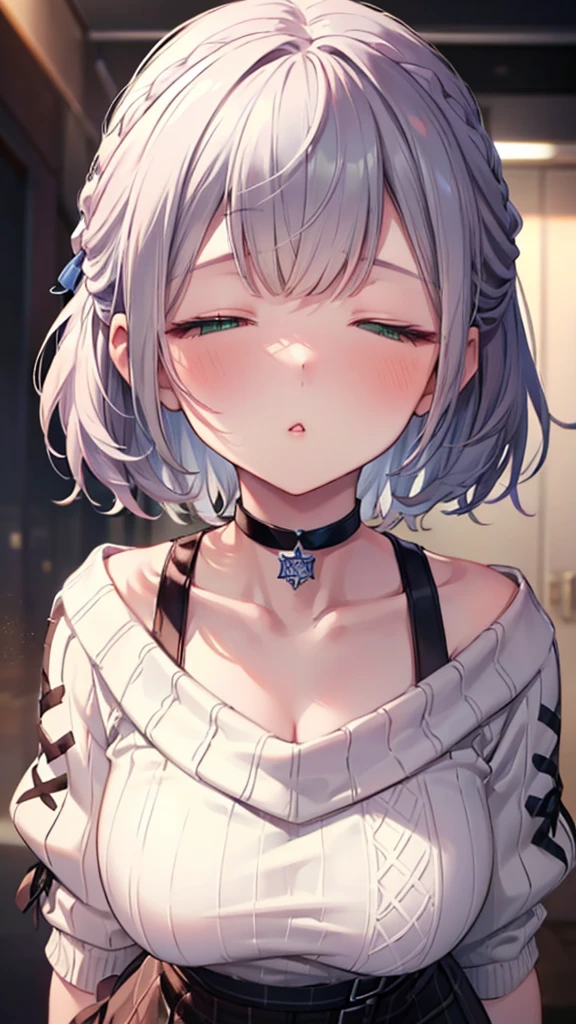 (best quality:1.2), (ultra detailed:1.2),(masterpiece:1.2),(8k:1.2),(ccnoel, short hair, french braid, hair ribbon, green eyes, black choker, collarbone, cleavage, off-shoulder sweater, white sweater, plaid skirt),(Blessed,Captivating body、Ultra-detailed skin、Very beautiful eyes、ultra-detailed face,Detailed Background),One Girl、(closed eyes,shy, incoming kiss:1.7)