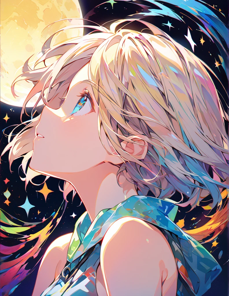 Profile of a cheerful blonde short-haired girl, side boob exposed Screen Processing Looking up at the moon Shaded painting style Abstract Painting colorful Magic