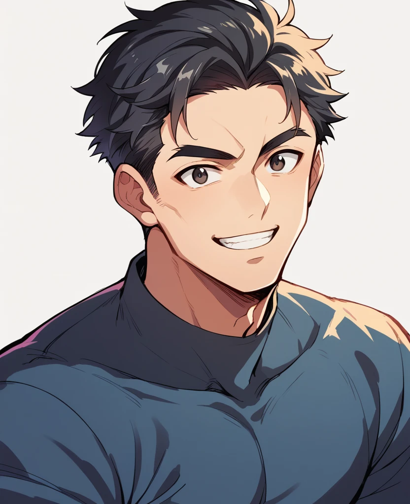 super detail, best quality, A handsome man, black hair, short hair, light smile, happy, six-pack, anime youngman