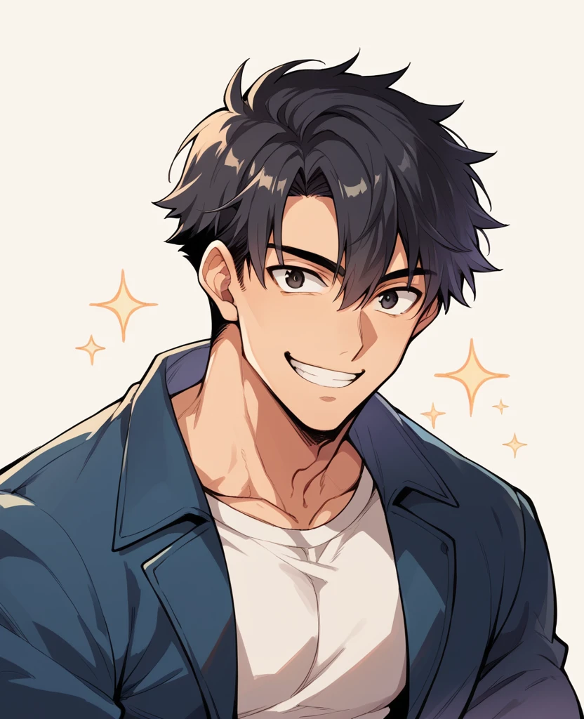 super detail, best quality, A handsome man, black hair, short hair, light smile, happy, six-pack, anime youngman