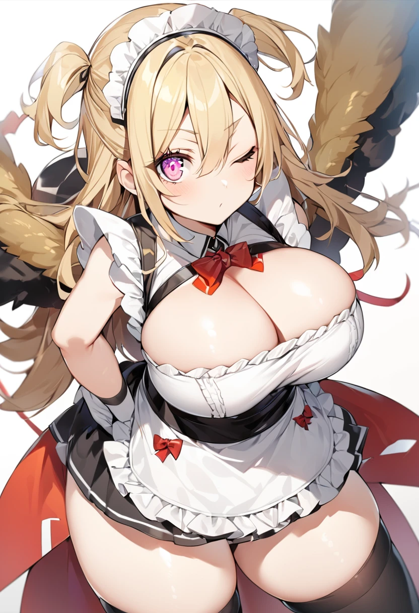 (One girl)、(medium length hair)、(sidelock)、((Blonde))、(slan eyes)、（boyish）、Beauty、(Big super breasts)、((Chubby))、Maid、No sleeve、mini skirt、White sleeveless、thigh-high socks thighhighs、(long gloves)、hairs between eyes、(coarse hair)、[flipped hair]、pink eye、expressionless、one eye closed、arm behind back、two side up、White Background、