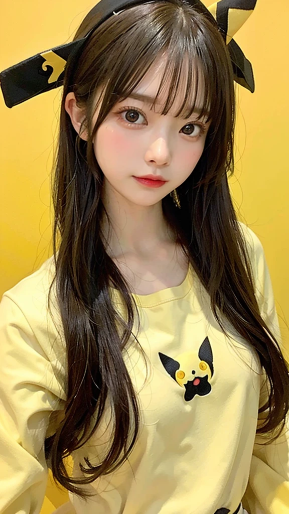 (8k, masterpiece, highest quality),girl１name、Pikachu、yellow clothes、Simple yellow background、head shot