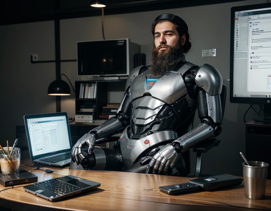 An ultra-Orthodox Jewish man with a short and impressive beard without a suit and without a hat, sits on a fancy office chair, and looks with pleasure and satisfaction at a beautiful human-shaped robot, which means a body with a head, stomach, arms and legs, but of a robot that will look like a clear machine. The entire body of the robot is made of molded plastic and wires and a few irons. The robot finishes drawing an amazing work on the computer screen, so that the computer screen basically becomes the robot's drawing board, on the side of the computer table there are two used coffee cups and another half-full third cup, the man touches the half-full cup with one hand, the robot is already tired and yawns from exhaustion, the picture realistic and creates an amazing optical feeling and all within a luxurious office