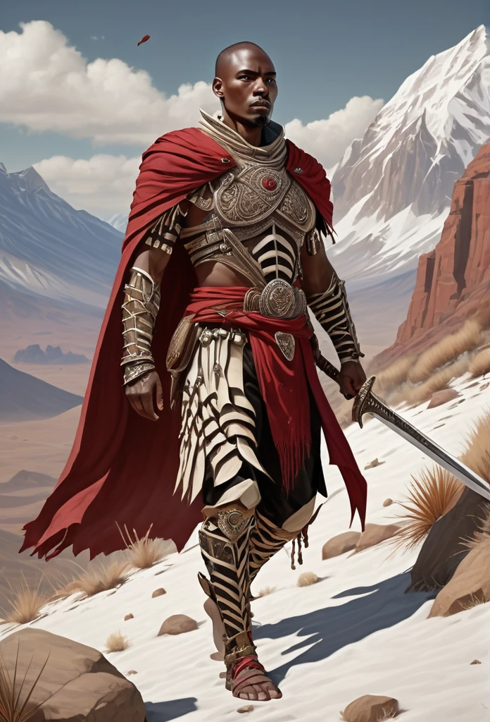 Ultra Realistic, Highly Defined Details, Bones On the ground, Skeletons liter the ground, Bones on the ground, Bones, Human Bones on the ground, Snowy Mountain Range, Shadowy Distant Back Drop, Bones Liter The Ground, Shandy Color Shading Capturing the Mode, Young Adult African Male Villager, Cliff Side View Of the Valley Below, Piercing Gaze, Serious Sharp Facial Features, Fit Athletic Muscular Physique, Bone Mail Armor, Peaces of tribal decorations tied to armbands, Bone chest plate armor, Lightly armored belt buckle dagger in a sheath, Bone carved Hilt, Long Curved Sword, wrapped in crimson decorated cloth Worn On the Back, Dark Torn Crimson Cloak, Distant Shot Full Body View, Waling against Wind, Windy Sean Leaves Blowing, Bones in the snow, jagged rocks and slopes, Bones in the snow, skeletons liter the ground in the snow, Bones on the ground 