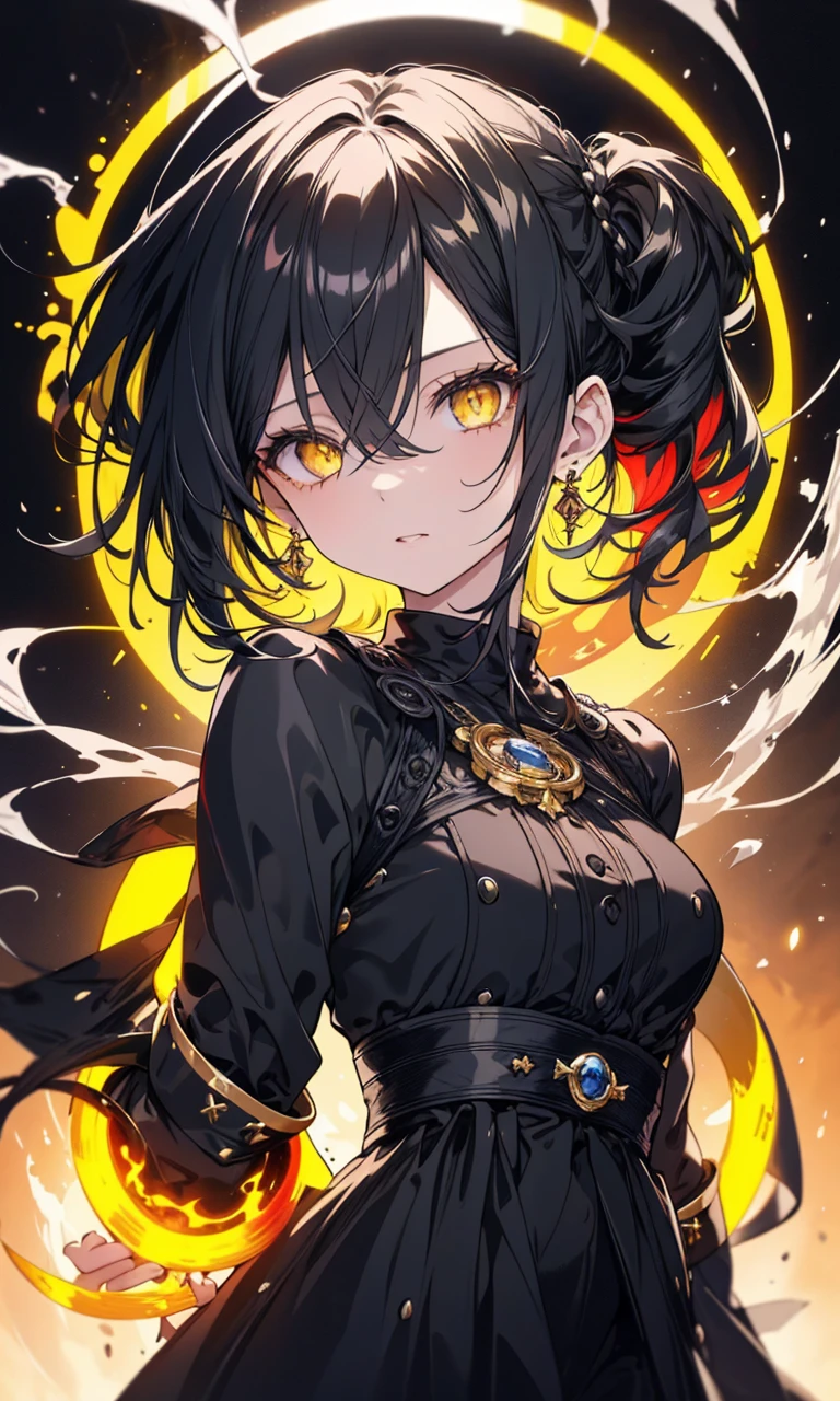8k,High resolution RAW color art,Anime Art, (((Very detailed and cool))), Detailed skin, Blurry、texture,(Exquisitely crafted, Finer details, Ultra-detailed art), (((1 girl))), Written boundary depth, Silky to the touch, Hyper Detail, (((Cool face))), eye shadow、Silver Marble Skin, Beautiful and sophisticated eyes, Beautiful lip detail, Very delicate face, Delicate depiction of hair and eyes, masterpiece, best quality, Cinematic, Fancy effects, 1girl, Intricate details, shiny hair, shiny skin, detailed eye, hd eye, :|, beautiful eye, big eyes, gnome size, gothic, small breasts, navel, black hair, medium hair, yellow eyes, glowing eyes, baby face, goth, black casual outfit, black blazer, glowing nimbus (yellow glowing circle above head), Cross Earrings, hair between eyes, black gloves, upper body, looking at viewer, smoke background, big breasts, yellow glowing hair back