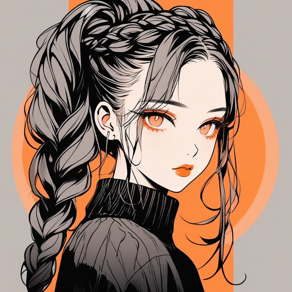 (Highest quality, sketch:1.2),Realistic,Illustrator,anime,1 girl, Detailed lips,sweater,custom,Orange gradient background, Neon Hair, Braid, Texture Cropping, masterpiece, Style: Retro Classic, Dark Black 