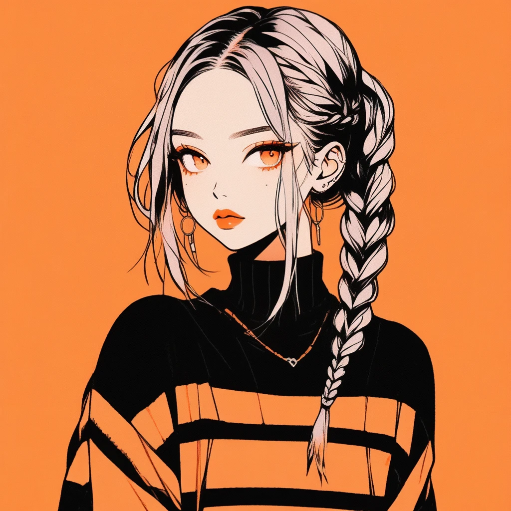 (Highest quality, sketch:1.2),Realistic,Illustrator,anime,1 girl, Detailed lips,sweater,custom,Orange gradient background, Neon Hair, Braid, Texture Cropping, masterpiece, Style: Retro Classic, Dark Black