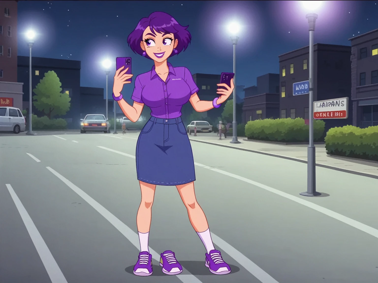 score_8_up, score_7_up, BREAK, screencap, 1girl, solo, purple hair, age, short hair, purple eyes, purple eyelids, purple eyebrows, large breast, bra size c+, playtex women's plus size 18 hour ultimate shoulder comfort wireless purple bra, full body, purple lipstick, short sleeves, purple shirt, purple denim long skirt, bali women's double support purple brief, white socks, purple and white tennis shoes, purple bracelet, purple earrings, smartphone, looking at viewers, outdoors, washington d.c., night, smile, suvs, holding digital camera, buildings, parking lot, sidewalk, suvs, traffic lights, english