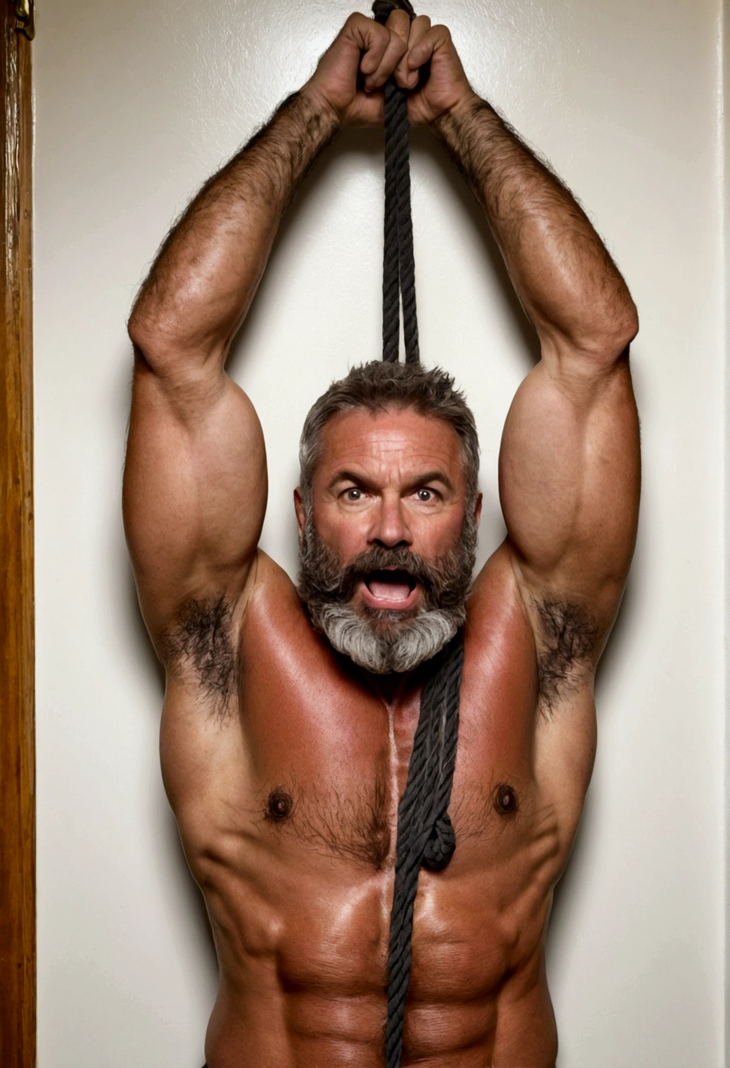 50 year old fit man shirtless big pecs tied up to wall, hands over head, very hairy chest, beard, hanging from ceilimg