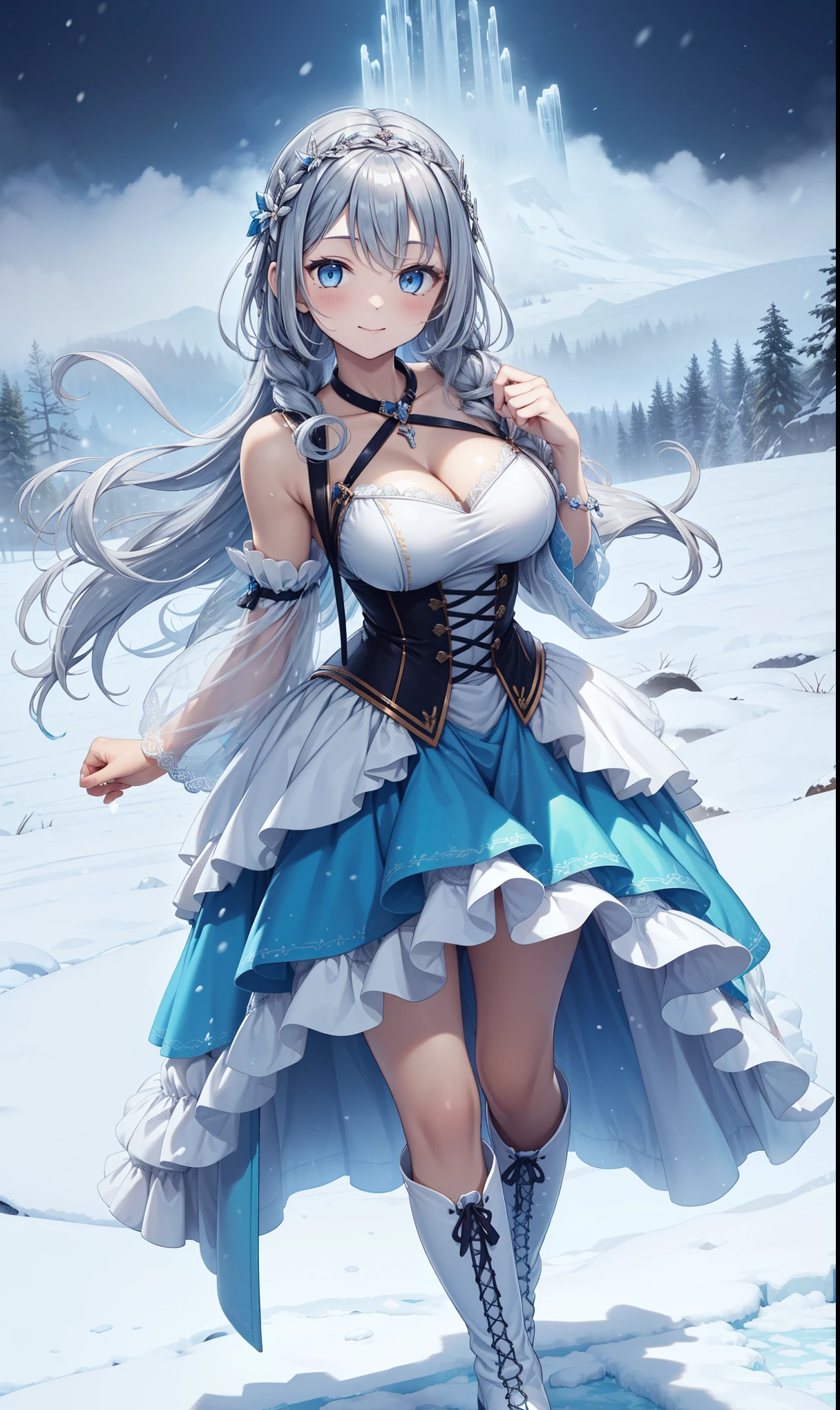 Girl,Holy,Having fun,El Salvador,(Modern style with classic style creative long skirt:1.2),(White suspender boots),(Silver curly hair:1.2),Blue eyes,(Large Ice and Snow Headdress),Lilac pattern,Minimalism,Ruffles,Lace,Exquisite embroidery,delicate patterned,(Beautifully dressed),Transparent Clothes,Background iceberg mountain,(Surrounded by ice and fog:1.1),(night:1.2),Alone,Beautiful and delicate face,Mild seduction