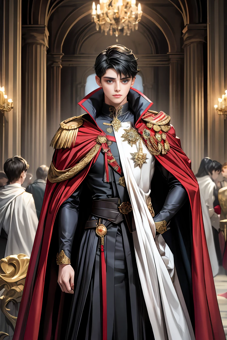 masterpiece, 最high quality, high quality, 1 boy, alone, Male focus, Watching the audience, Messy black hair, Adorable big blue eyes, White, Noble, Noble,A sexy, voluminous, puffy cape、vampire、A very voluminous, large, very large, very large, long, long red and black cape with a high stand-up collar, made of a lot of fabric that reaches down to the floor., 17 years old,Cute beautiful boys,Cute, cute, kind, handsome guy