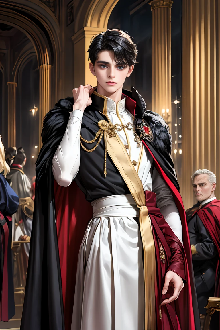 masterpiece, 最high quality, high quality, 1 boy, alone, Male focus, Watching the audience, Messy black hair, Adorable big blue eyes, White, Noble, Noble,A sexy, voluminous, puffy cape、vampire、A very voluminous, large, very large, very large, long, long red and black cape with a high stand-up collar, made of a lot of fabric that reaches down to the floor., 17 years old,Cute beautiful boys,Cute, cute, kind, handsome guy