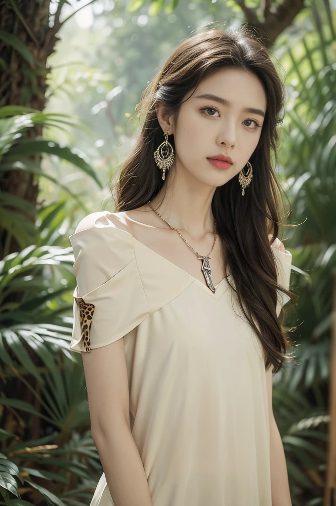 (((best quality))),(((ultra detailed))),(((masterpiece))),illustration,((1 beautiful girl,solo)),(shoulder length messy hair:1.2),((Beast bone earrings and necklace)),((slim,thin)),((small breasts,flat chest)),(slender legs:1.2),fair complexion,(leopard print short-sleeved shirt:1.3),seductive,wild spirit,lush forest,primitive,tall trees,green canopy, sunlight filter,scent of earth,bird chirping,small creatures,secluded spot,captivating,enigmatic,raw energy,untamed spirit,morden day Eve,Garden of Eden,playful,adventurous,striking appearance,exotic setting,summertime,heat,humidity,vibrant colours,endless possibilities,exquisite detail,expansive wilderness,feminine allure,((from front,upper body))