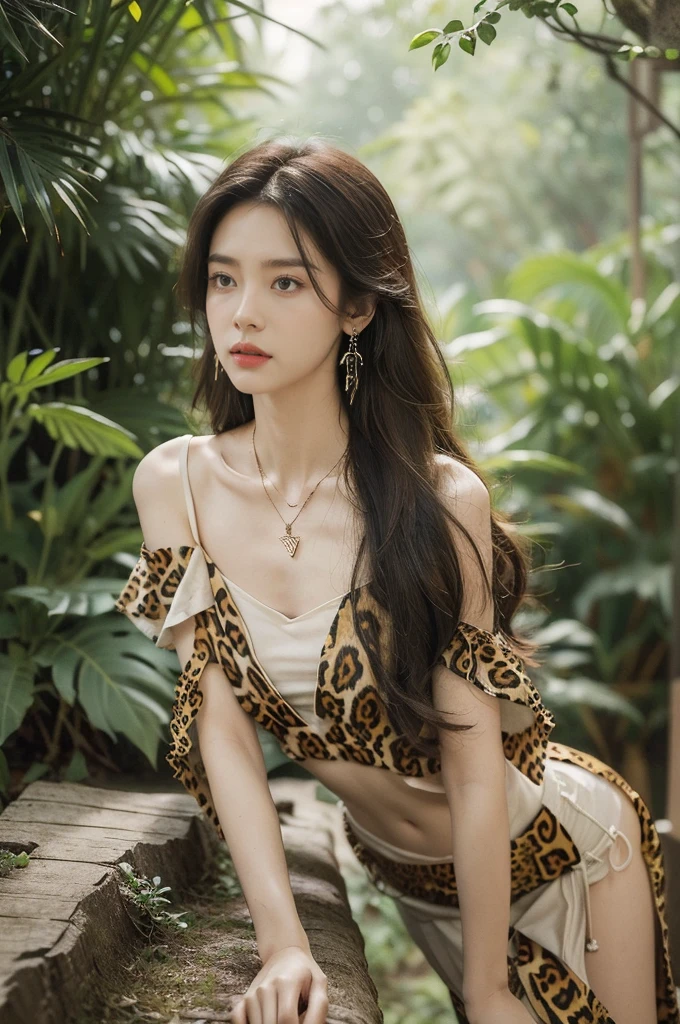 (((best quality))),(((ultra detailed))),(((masterpiece))),illustration,((1 beautiful girl,solo)),(shoulder length messy hair:1.2),((Beast bone earrings and necklace)),((slim,thin)),((small breasts,flat chest)),(slender legs:1.2),fair complexion,(leopard print short-sleeved shirt:1.3),seductive,wild spirit,lush forest,primitive,tall trees,green canopy, sunlight filter,scent of earth,bird chirping,small creatures,secluded spot,captivating,enigmatic,raw energy,untamed spirit,morden day Eve,Garden of Eden,playful,adventurous,striking appearance,exotic setting,summertime,heat,humidity,vibrant colours,endless possibilities,exquisite detail,expansive wilderness,feminine allure,((from front,upper body))