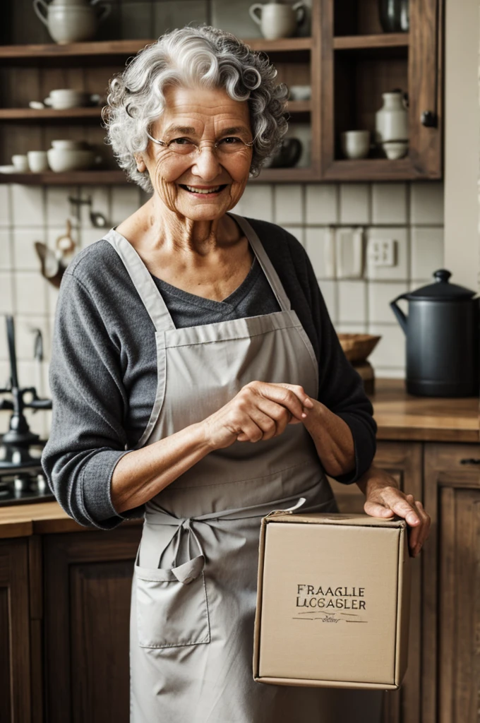 Old lady holding box with the inscription "fragile" in the hand. She wears an apron, has curly grey hair and smiles warmly. The room looks like Mr. Ollivander aus.