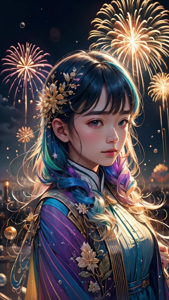 Soap bubble、無数のSoap bubble、Bubble、Soap bubbleたちに囲まれて、Mysterious Landscape、firework、firework大会、Rainbow colorsのfireworkが打ちあがっている瞬間、夜nullとともに、幻想的な海景色で壮大なfirework、future都市、Highest quality、masterpiece, (Diffuse reflection of light:1.2), When the fantastic rainbow turns into shadow, bathed in a mystical atmosphere.Soap bubbleたちも見ています, Cast magic spells. evoke a sense of wonder and awe. A fusion of natural grandeur and magic, Weaving dreams into reality. Behold, null, And the unknown, Fleeting、And an eternal moment, 16K, Ultra-high resolution.Realistic, Ultra-high resolution, to be born,future、Rainbow colorsに光り輝く、Rainbow colors、The world 30 years from now。