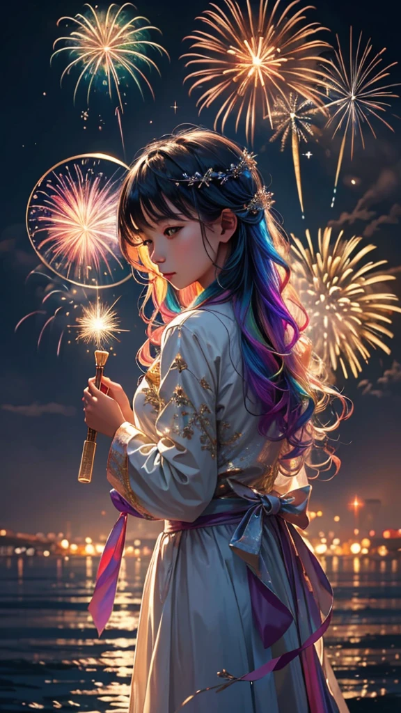 Soap bubble、無数のSoap bubble、Bubble、Soap bubbleたちに囲まれて、Mysterious Landscape、firework、firework大会、Rainbow colorsのfireworkが打ちあがっている瞬間、夜nullとともに、幻想的な海景色で壮大なfirework、future都市、Highest quality、masterpiece, (Diffuse reflection of light:1.2), When the fantastic rainbow turns into shadow, bathed in a mystical atmosphere.Soap bubbleたちも見ています, Cast magic spells. evoke a sense of wonder and awe. A fusion of natural grandeur and magic, Weaving dreams into reality. Behold, null, And the unknown, Fleeting、And an eternal moment, 16K, Ultra-high resolution.Realistic, Ultra-high resolution, to be born,future、Rainbow colorsに光り輝く、Rainbow colors、The world 30 years from now。