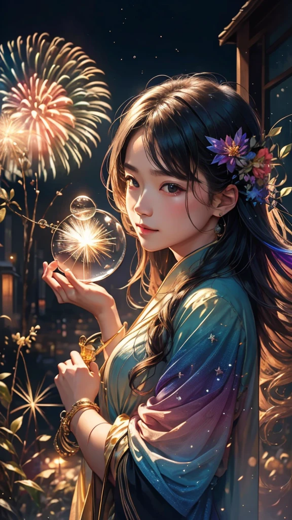 Soap bubble、無数のSoap bubble、Bubble、Soap bubbleたちに囲まれて、Mysterious Landscape、firework、firework大会、Rainbow colorsのfireworkが打ちあがっている瞬間、夜nullとともに、幻想的な海景色で壮大なfirework、future都市、Highest quality、masterpiece, (Diffuse reflection of light:1.2), When the fantastic rainbow turns into shadow, bathed in a mystical atmosphere.Soap bubbleたちも見ています, Cast magic spells. evoke a sense of wonder and awe. A fusion of natural grandeur and magic, Weaving dreams into reality. Behold, null, And the unknown, Fleeting、And an eternal moment, 16K, Ultra-high resolution.Realistic, Ultra-high resolution, to be born,future、Rainbow colorsに光り輝く、Rainbow colors、The world 30 years from now。