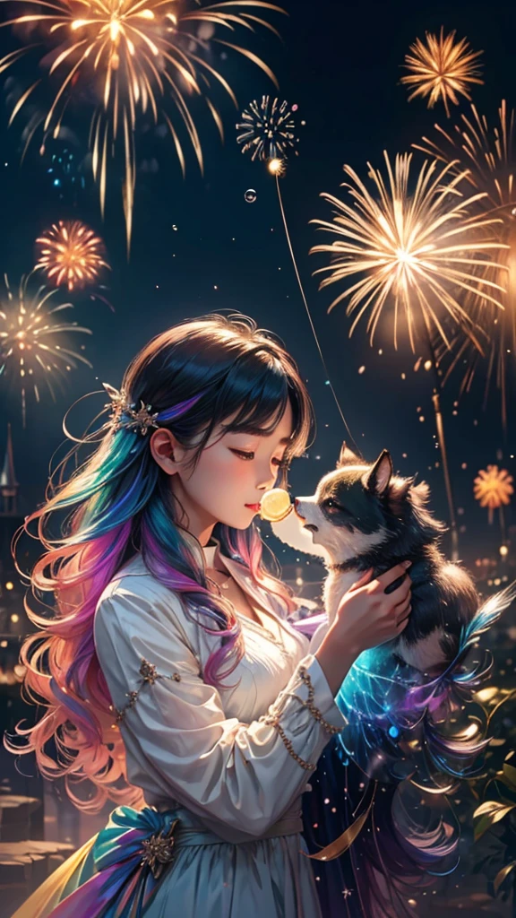 Soap bubble、無数のSoap bubble、Bubble、Soap bubbleたちに囲まれて、Mysterious Landscape、firework、firework大会、Rainbow colorsのfireworkが打ちあがっている瞬間、夜nullとともに、幻想的な海景色で壮大なfirework、future都市、Highest quality、masterpiece, (Diffuse reflection of light:1.2), When the fantastic rainbow turns into shadow, bathed in a mystical atmosphere.Soap bubbleたちも見ています, Cast magic spells. evoke a sense of wonder and awe. A fusion of natural grandeur and magic, Weaving dreams into reality. Behold, null, And the unknown, Fleeting、And an eternal moment, 16K, Ultra-high resolution.Realistic, Ultra-high resolution, to be born,future、Rainbow colorsに光り輝く、Rainbow colors、The world 30 years from now。