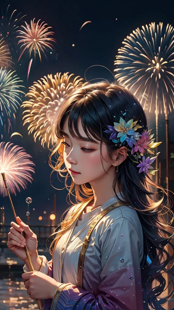 Soap bubble、無数のSoap bubble、Bubble、Soap bubbleたちに囲まれて、Mysterious Landscape、firework、firework大会、Rainbow colorsのfireworkが打ちあがっている瞬間、夜nullとともに、幻想的な海景色で壮大なfirework、future都市、Highest quality、masterpiece, (Diffuse reflection of light:1.2), When the fantastic rainbow turns into shadow, bathed in a mystical atmosphere.Soap bubbleたちも見ています, Cast magic spells. evoke a sense of wonder and awe. A fusion of natural grandeur and magic, Weaving dreams into reality. Behold, null, And the unknown, Fleeting、And an eternal moment, 16K, Ultra-high resolution.Realistic, Ultra-high resolution, to be born,future、Rainbow colorsに光り輝く、Rainbow colors、The world 30 years from now。