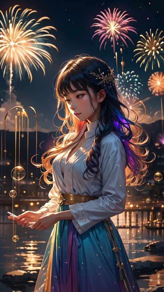 Soap bubble、無数のSoap bubble、Bubble、Soap bubbleたちに囲まれて、Mysterious Landscape、firework、firework大会、Rainbow colorsのfireworkが打ちあがっている瞬間、夜nullとともに、幻想的な海景色で壮大なfirework、future都市、Highest quality、masterpiece, (Diffuse reflection of light:1.2), When the fantastic rainbow turns into shadow, bathed in a mystical atmosphere.Soap bubbleたちも見ています, Cast magic spells. evoke a sense of wonder and awe. A fusion of natural grandeur and magic, Weaving dreams into reality. Behold, null, And the unknown, Fleeting、And an eternal moment, 16K, Ultra-high resolution.Realistic, Ultra-high resolution, to be born,future、Rainbow colorsに光り輝く、Rainbow colors、The world 30 years from now。