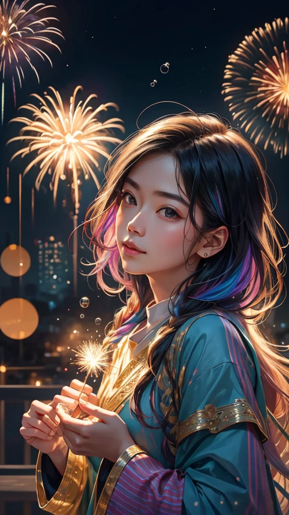 Soap bubble、無数のSoap bubble、Bubble、Soap bubbleたちに囲まれて、Mysterious Landscape、firework、firework大会、Rainbow colorsのfireworkが打ちあがっている瞬間、夜nullとともに、幻想的な海景色で壮大なfirework、future都市、Highest quality、masterpiece, (Diffuse reflection of light:1.2), When the fantastic rainbow turns into shadow, bathed in a mystical atmosphere.Soap bubbleたちも見ています, Cast magic spells. evoke a sense of wonder and awe. A fusion of natural grandeur and magic, Weaving dreams into reality. Behold, null, And the unknown, Fleeting、And an eternal moment, 16K, Ultra-high resolution.Realistic, Ultra-high resolution, to be born,future、Rainbow colorsに光り輝く、Rainbow colors、The world 30 years from now。
