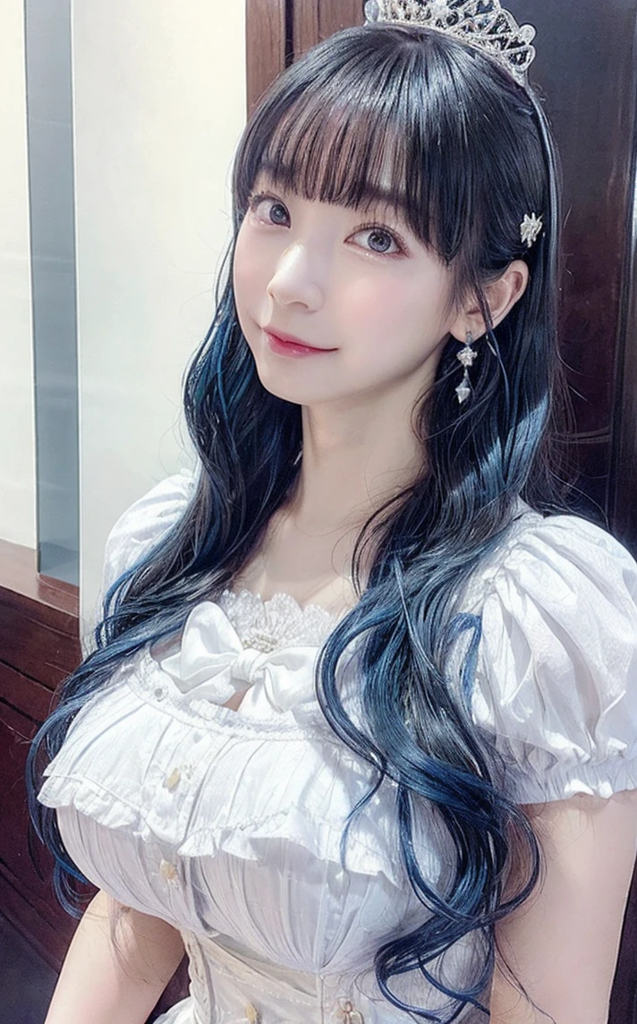 ((masterpiece:1.2、Highest quality:1.3))、1 female、alone、classroom、Day、(Horie Yui:1.2)、(Are standing:1.4)、Black Hair,(Blue hair:1.2)、(Hime Hair:1.4)、Wavy Hair、Medium Hair、Beautiful feet、break、((Princess Dress:1.4))、(Beautiful white skin:1.4)、(Big Breasts:1.5)、(Lady)、Hoop Earrings、corset、lipstick、Pleated mini skirt、Ring Choker、blush、smile、Covered breasts、(Thick lips:1.2)、Detailed body、Very detailed絵画, Luminism、4K resolution、3D Rendering、Exquisitely crafted , Cinematic、Realistic、Hit definition、Abstract Beauty、Approaching perfection, Pure Form, Golden Ratio、Very detailed, Digital photography, Soft natural light, (90mm lens:1.2), blush、Small face、(Tight waist),(albino:1.3),(anorexia:1.3),(Sickly:1.2),(F2.8:1.4)