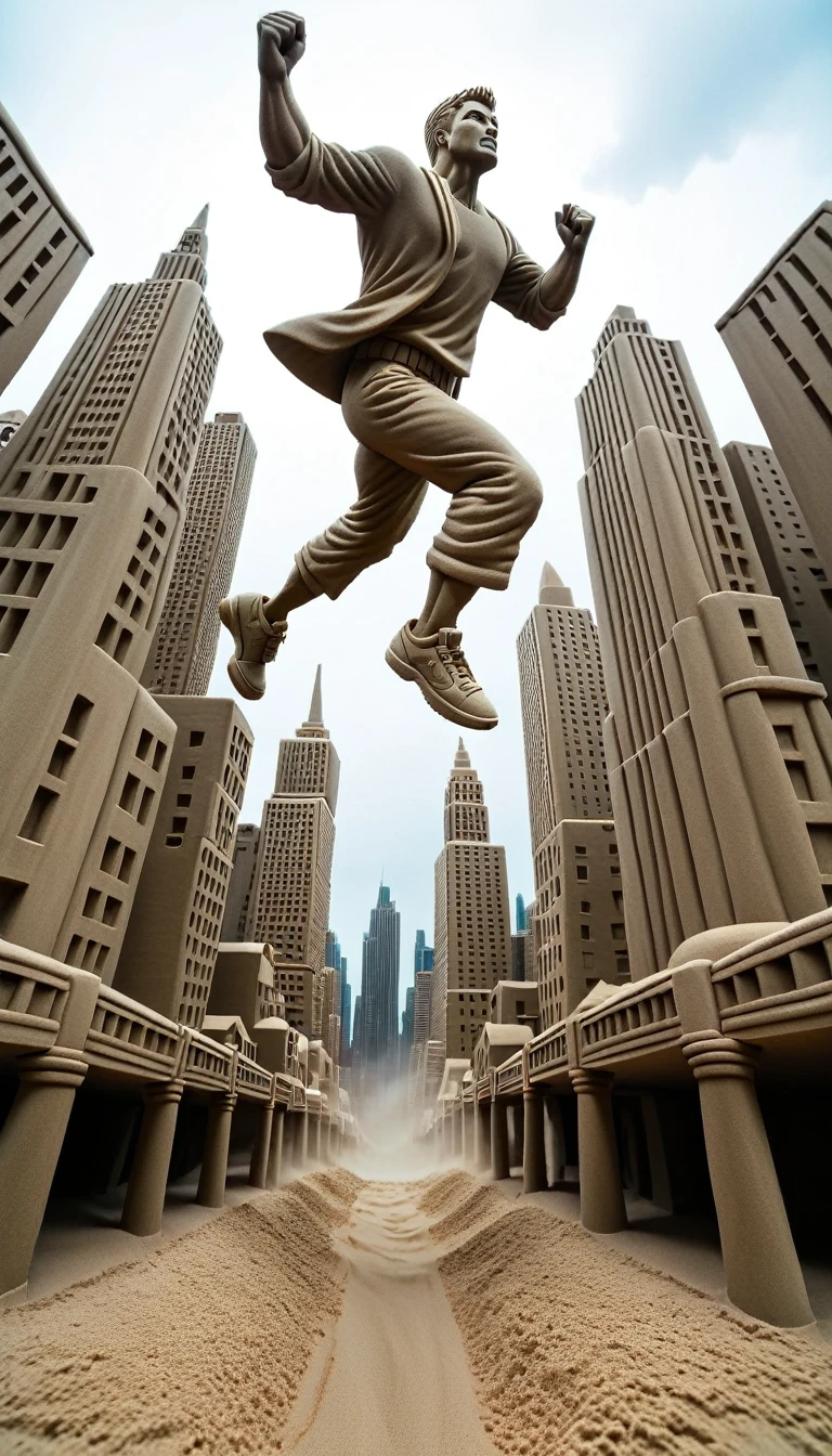 Sand sculpture style,  The hero jumps between cities，color，High-rise buildings，A strong sense of déjà vu