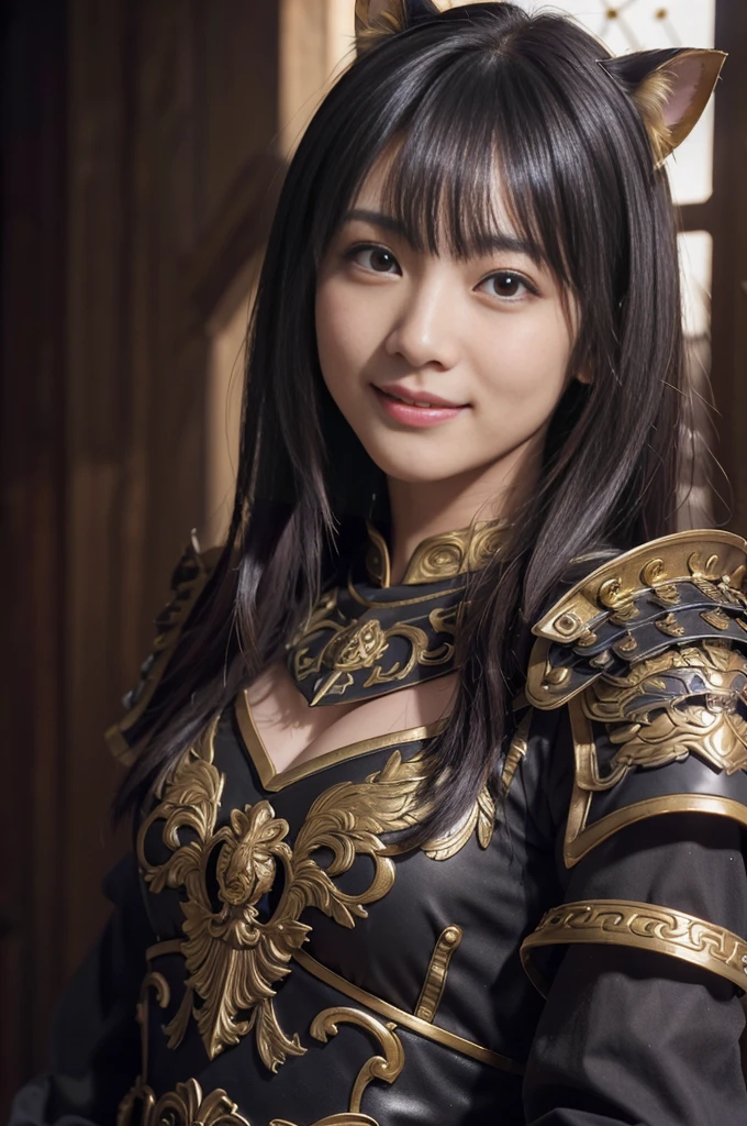 Realistic photos、18-year-old、cute、One Girl、(Realistic Skin:1.5)、Dark Room、Woman gazing at candlelight、shadow、dramatic、Impressive movie、Small breasts、(Flat Chest)、slender、whole body、Thighs、Golden Armor、Red and black leather armor、Woman warrior、Metal Hair Ornament、Black Hair、Straight hair、bangetal cat ears、smile、Perfect white teeth、Highest quality、High resolution、(masterpiece)、Professional photos、8k resolution、Intricate details、Physically Based Rendering、8k wallpaper、