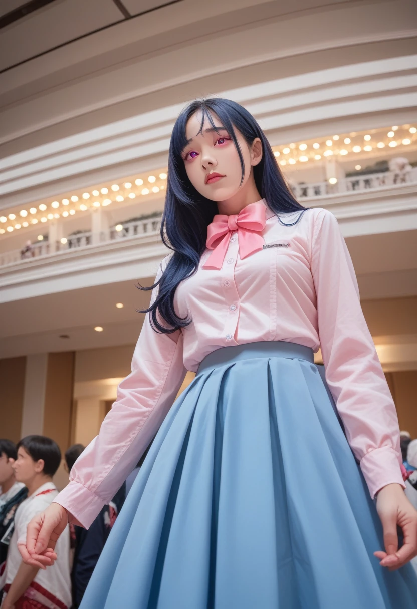 (detailed beautiful eyes and detailed face, masterpiece side light, masterpiece, best quality, detailed, High resolution illustrations), (1 girl, beautiful girl, Glowing skin, look down, Looking at the audience), ( Sky blue long hair, Pink Eyes, skirt, Ribbon, Button-down shirts) 45 degrees, top view,  sideways, (Hand details)