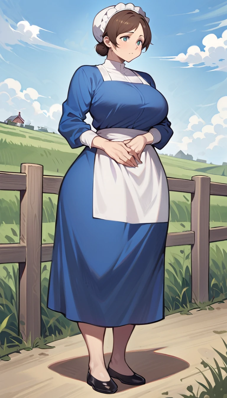 adult amish woman, 40 years old, pale skin, long sleeved blue dress, small black apron over her blue dress, full body shown, very short brown hair in a conservative sleek bun, white bonnet kapp, wide hips, thick thighs, wearing simple black flats, thick legs, slightly below the knee dress, slight face wrinkles, tight sleeves, standing upright in a farm field, no makeup, round face, hands on lap, side view, aged face, busty, hourglass body figure, rosy cheeks