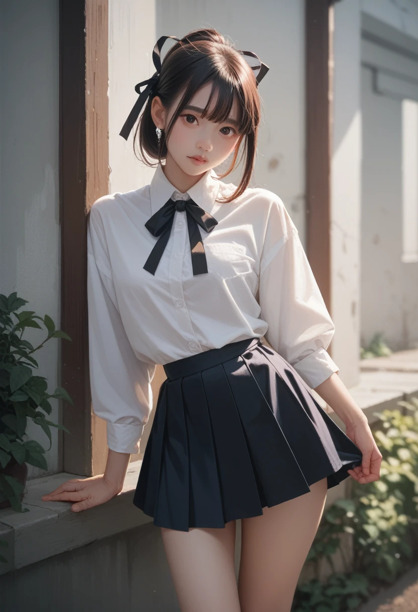masterpiece, high resolution, high quality, Extremely detailed, Red mini skirt, Black Ribbon, White shirt,