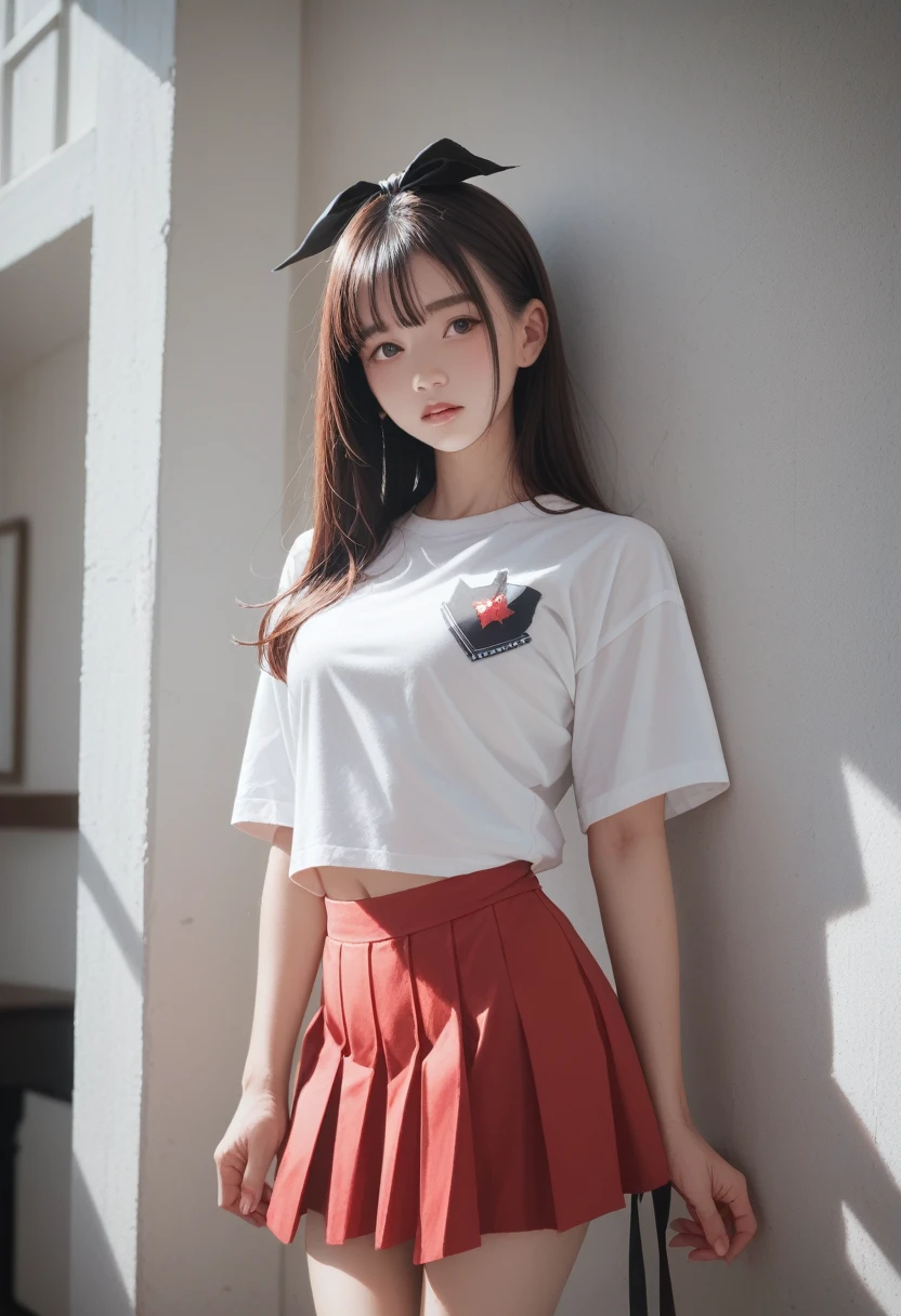 masterpiece, high resolution, high quality, Extremely detailed, Red mini skirt, Black Ribbon, White shirt,