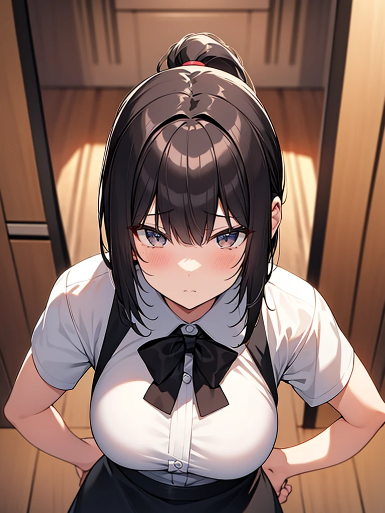 Solo 夜中のバー Broad shoulders 女性 着席 カウンター側から見た視点:1.9 Customer: Cocktail glass with alcohol, White collared shirt, Short sleeves, Black long skirt, Ponytail:1.9 背のexpensive女性:1.9. Short black hair, straight hair, hair tie, bangs swept to the side:1.9. Slanted Eyes, Brown eyes, expensive, Strong-willed, beautiful、Big breasts、adult、Broad shoulders