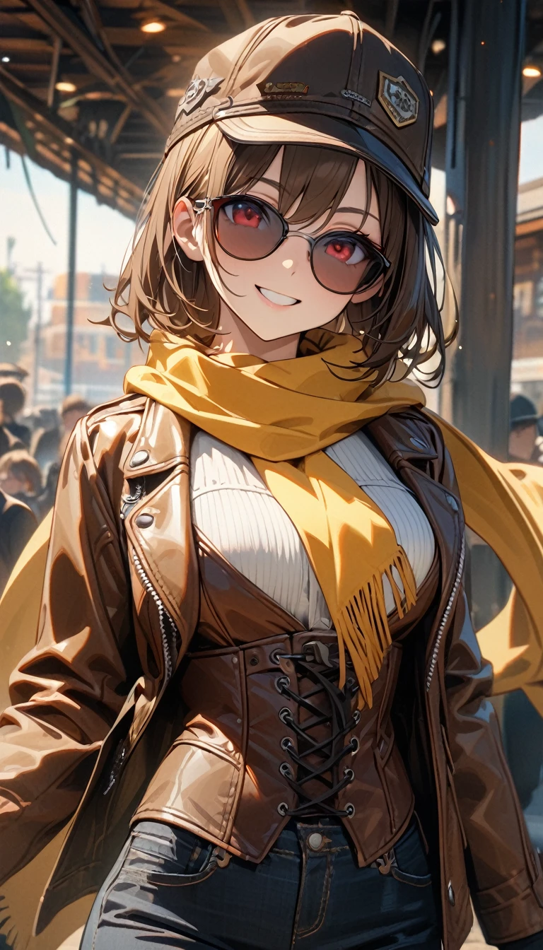 adult girl, short brown hair, red eyes, hat, sunglasses, brown leather jacket, black jeans, corset, yellow scarf, smile, Masterpiece, best quality, Full HD, 8k, ultra details, great graphic