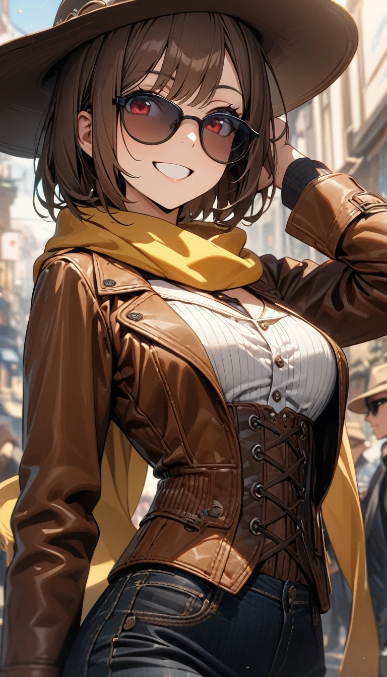 adult girl, short brown hair, red eyes, hat, sunglasses, brown leather jacket, black jeans, corset, yellow scarf, smile, Masterpiece, best quality, Full HD, 8k, ultra details, great graphic